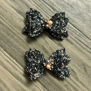 Hand crafted layered black glitter sparkle hair bows with pearls